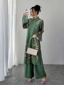 两件套女士绿色印花翻领纽扣喇叭袖长款套头衫+松紧腰阔腿裤休闲套装，优雅阿拉伯风格奢华撞色正式晚宴派对假日服装，适合居家日常穿着及阿拉伯风情度假装扮。 - 綠色 - 查看 6