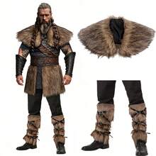 3件套男士仿毛皮维京国王战士斗篷，中世纪文艺复兴万圣节冬季角色扮演服装，毛绒仿毛皮袜子和保暖裤，时尚风格 - A - 查看 1