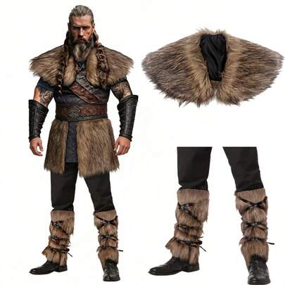 3件套男士仿毛皮维京国王战士斗篷，中世纪文艺复兴万圣节冬季角色扮演服装，毛绒仿毛皮袜子和保暖裤，时尚风格
