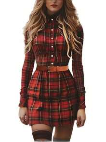 Nuevo vestido corto casual 202X Primavera estilo Occidental | Estampado a cuadros retro, manga larga, holgado - Rojo - Ver 4