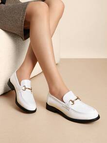 Women Loafers Metal Horsebit Flats Slip On Commuting Dressy Casual Business Work Office Chunky Low Heel Loafers Shoes - 白色 - 查看 3