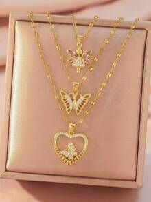 1 pieza Colgante de mariposa elfa con forma de corazón de circonita cúbica exquisita y retro de lujo, cadena de acero inoxidable dorado para clavícula para mujer para uso diario, para amigos, novia, familia, hija, regalo de San Valentín, cumpleaños - Dorado - Ver 3