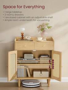 Stylish Sideboard Storage Cabinet With Rattan-Like Doors And Drawers, Oak Beige Finish, Adjustable Shelf For Living Room Organization - Màu be gỗ sồi - Xem 2