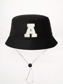 1顶26字母印花儿童渔夫帽+可拆卸防风绳，可调节户外遮阳帽，适合男孩女孩，春秋季旅行、海滩、度假 - 黑色 - 查看 17