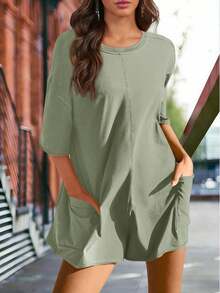 Monos para mujer 2025 Mono deportivo de verano oversize de manga corta con bolsillos - Verde militar - Ver 4