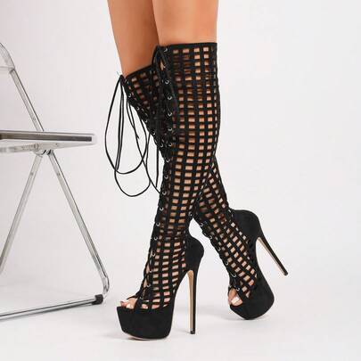 17cm Zipper Hollow Out Thigh High Boots, Elegant Knee-High Boots, Comfortable High Heels 35-42 Banquet Boots, Stage Boots, New High Heels, High Heel Sandals, Ball Gown Boots