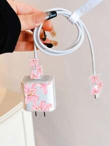 4pcs Minimalist Floral Pattern Apple Charger Protector Case, Suitable For 20W 15 Charger Cable, 16 Pro Max Phone Data Cable, 13/14 Plus Protector, Anti-Bending Anti-Cat Bite (Charger Not Included) - Multicolor - View 2