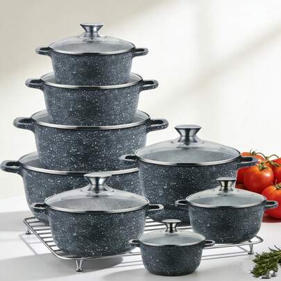 12pcs Non-Stick Cookware Set With Glass Lids, Household Cooking Pots, Soup Pots, Stew Pots, Soup Pots, Saucepans, Milk Pots. Made Of Granite Material, Durable And Easy To Clean. Suitable For Both Induction Cookers And Gas Stoves. Kitchenware Set And Kitchen Essentials. The Cookware Set, Suitable For Daily Household Use, Restaurants, And Also Makes A Great Gift For Family And Friends.