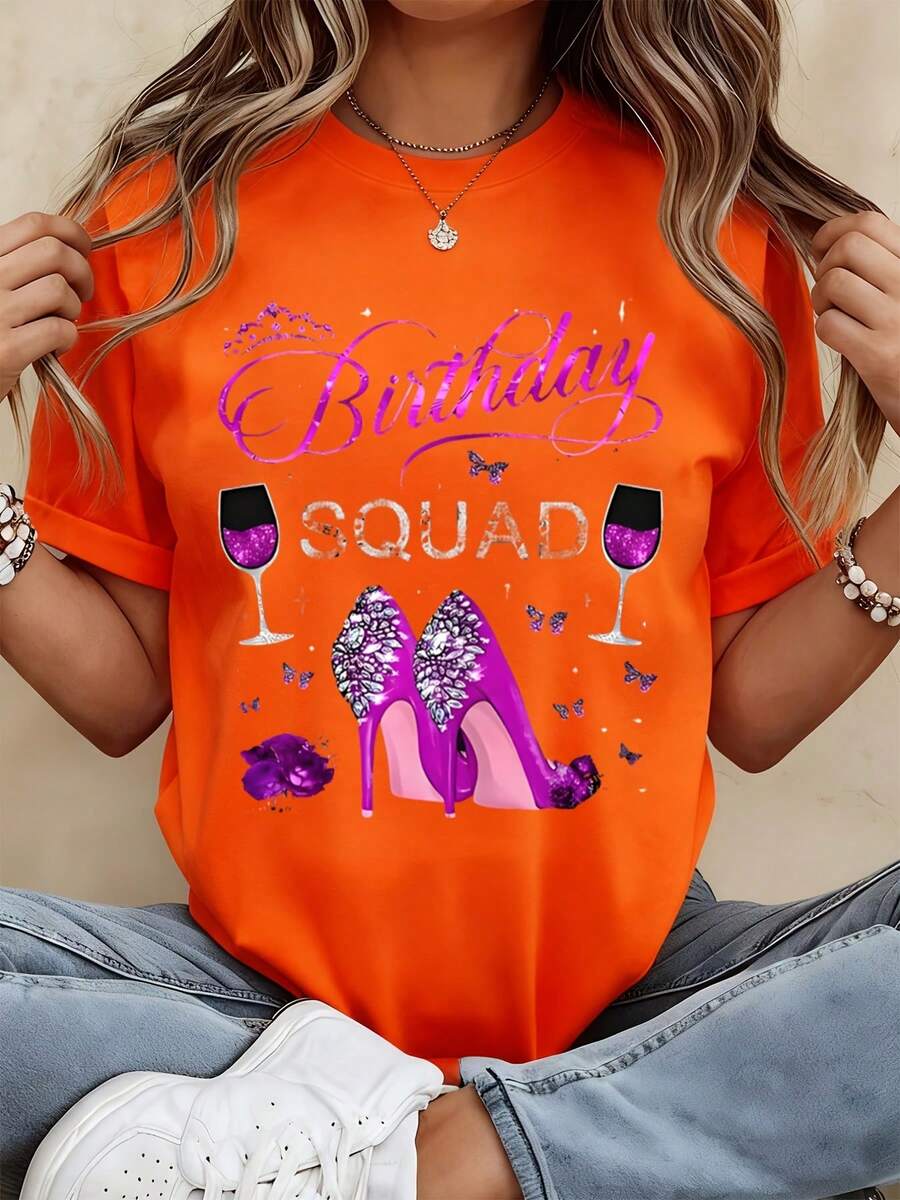 Birthday Squad T Shirt Women Party Celebration Graphic Tee Pink Heels Wine Glass Design Casual Fashion Top - 橘色 - 查看 1
