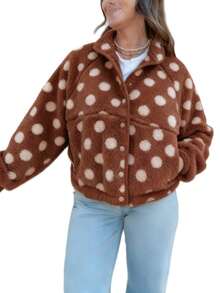 Womens Fall Winter Fleece Jacket Dot Pattern Long Sleeve Lapel Button Down Sherpa Coat - Colores mixtos - Ver 1