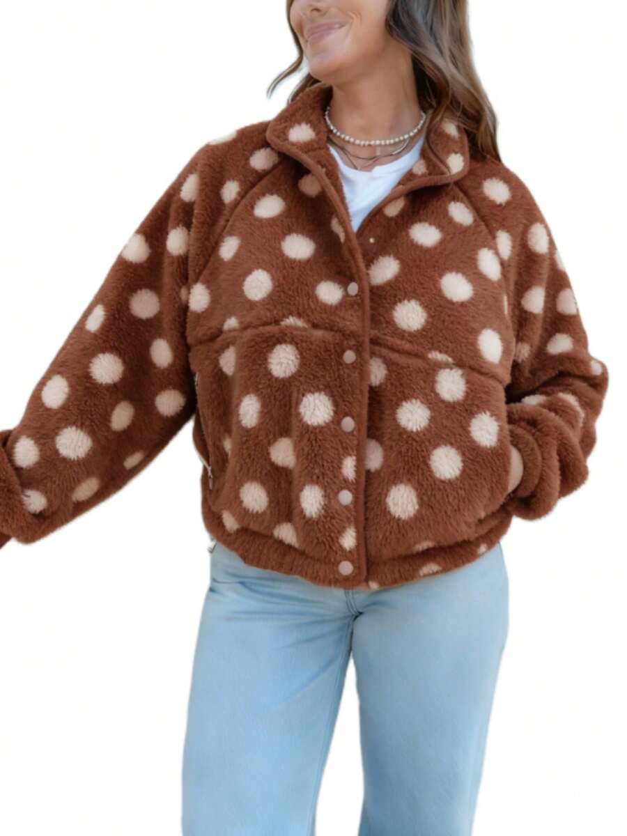 Womens Fall Winter Fleece Jacket Dot Pattern Long Sleeve Lapel Button Down Sherpa Coat - Colores mixtos - Ver 1