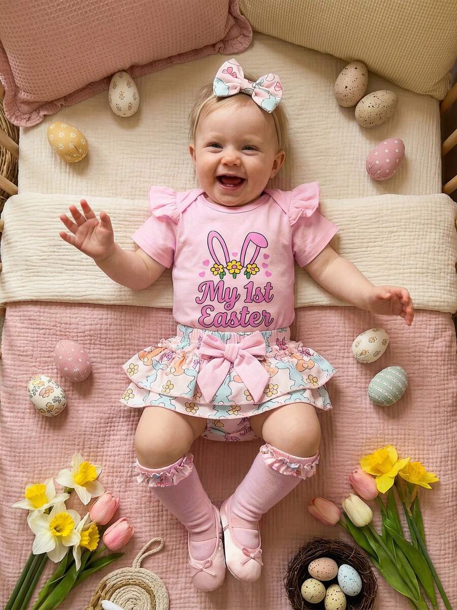 Conjunto de primavera y verano para bebé niña de Pascua, mono de manga corta con letras, pantalones cortos de zanahoria/conejito, calcetines con lazo, ropa bonita para festivales, ideal para 0 a 18 meses. - Rosa - Ver 1
