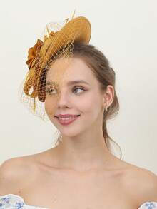 1顶女士迷人头饰，花朵造型，带面纱，适合鸡尾酒会、下午茶会和赛马会等场合，也适合赛马场单人排队、嘉年华下午茶会等。