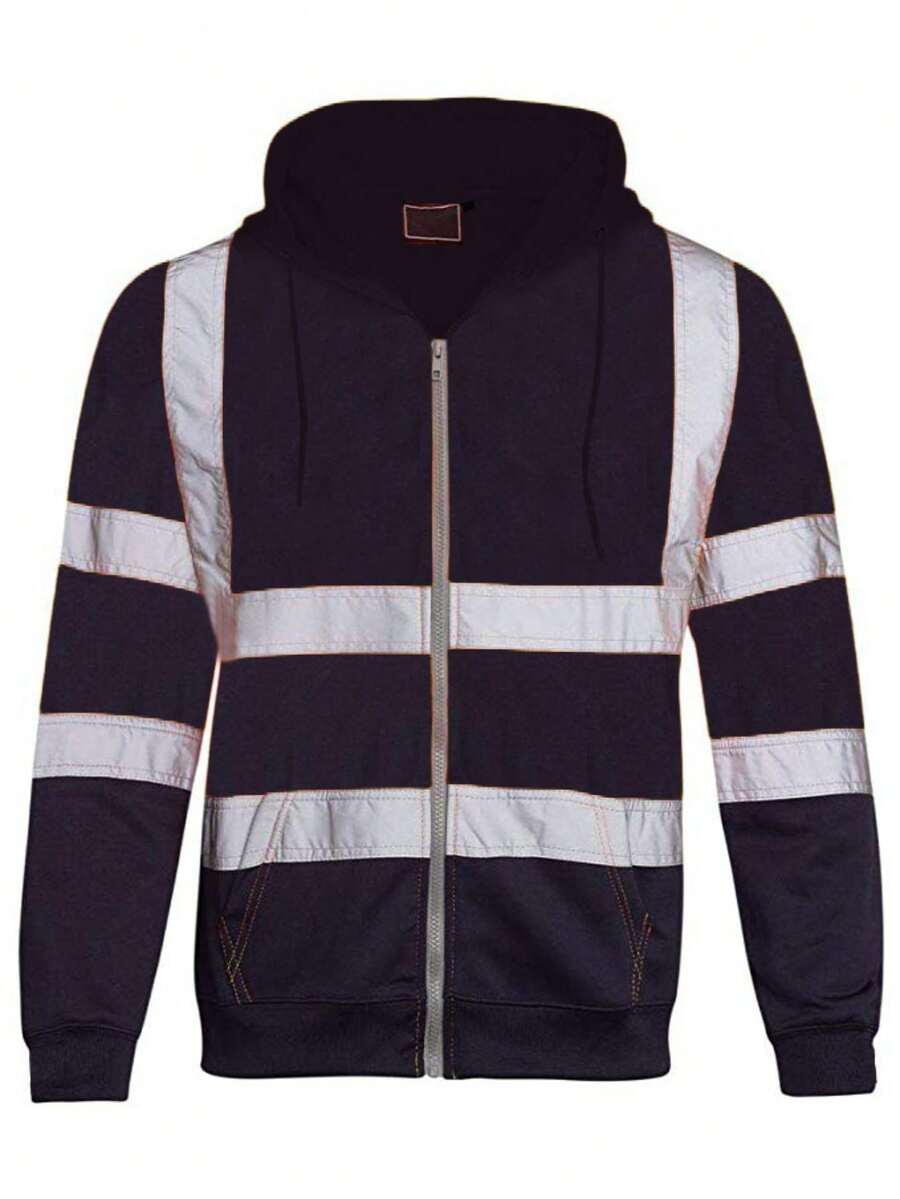 Men's Hooded Sweatshirt With Reflective Strips, Sanitation Worker Outdoor Work Uniform, Fleece Color-Blocked Zip-Up Sweatshirt - 黑色 - 查看 1