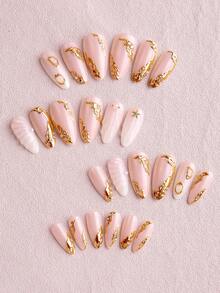 Bộ 24 móng giả ngắn hình hạnh nhân 3D dạng gel, thích hợp cho mùa xuân và mùa hè, với họa tiết đường lượn sóng cổ điển, hình sao biển và họa tiết ánh đồng, đính đá và ngọc trai giả, móng giả acrylic màu hồng lượn sóng kiểu bãi biển, bộ móng giả vừa vặn hoàn hảo, bao gồm: 1 miếng gel dẻo và 1 dũa móng. Dễ dàng tạo kiểu móng mùa thu và móng kiểu Pháp, phù hợp cho phụ nữ và bé gái sử dụng hàng ngày, đi làm, dự tiệc. - Nhiều màu - Xem 4