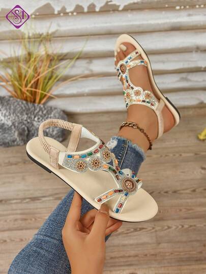Women's Wide Width Flat Sandals, Fashionable Bohemian Style Criss-Cross Retro Decor Casual Sandals, Lightweight Comfortable Outdoor Casual Versatile Sandals