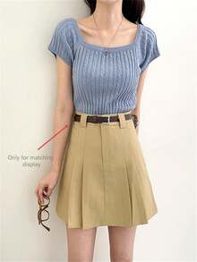 Chân váy ngắn xếp ly cạp cao dáng chữ A, thích hợp đi làm và đi học, thiết kế tối giản [Không kèm thắt lưng] Mùa xuân - Màu Khaki - Xem 4