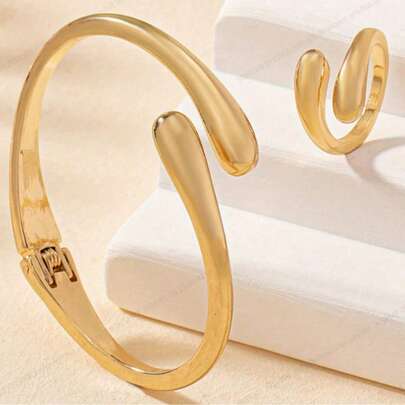 [Favorito del cliente] Juego de brazalete y anillo geométrico retro único - Acero inoxidable, joyería minimalista elegante para mujer, perfectamente adecuado para uso casual