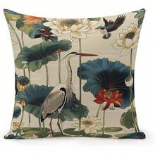 1pc Bird And Lotus Decoration Pillow Case Vintage Decoration Pillowcase With Hidden Zipper White Lake House Pillow Fake Office Patio Single Sided No Pillow Core - 米色 - 查看 1