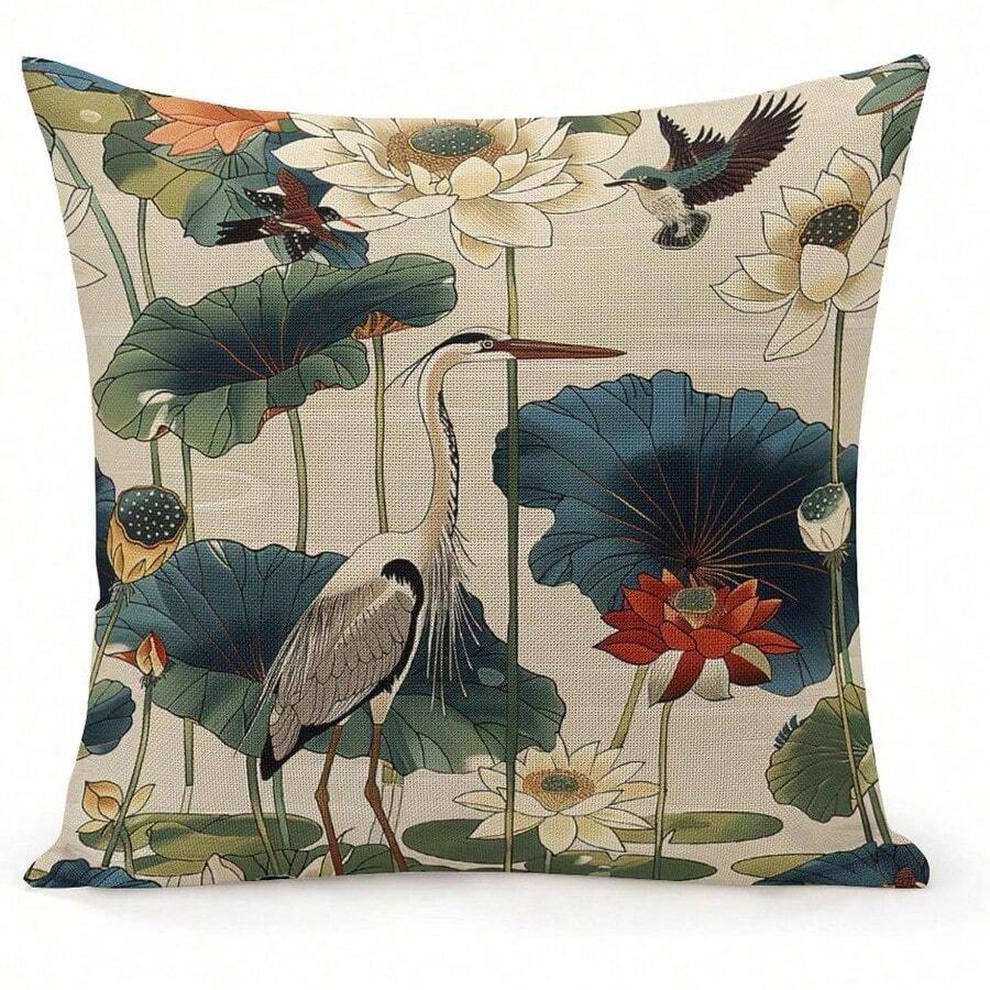 1pc Bird And Lotus Decoration Pillow Case Vintage Decoration Pillowcase With Hidden Zipper White Lake House Pillow Fake Office Patio Single Sided No Pillow Core - 米色 - 查看 1
