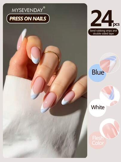 24 Pieces Press On Nails Almond/Blue And White Contrasting French Nail Art Patches/Comes With Jelly Glue And Rubbing Strips Suitable For Aggregation, Reusable For Daily Use Using Can Enhance Your Temperament