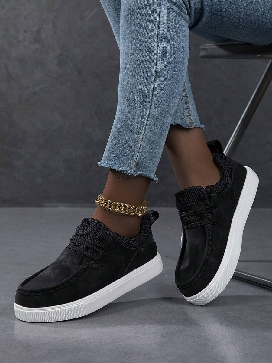 Sepatu Loafer Wanita Warna Polos, Sepatu Kasual Datar yang Nyaman, Mudah Dipakai, Cocok untuk Semua Musim - Hitam - View 1