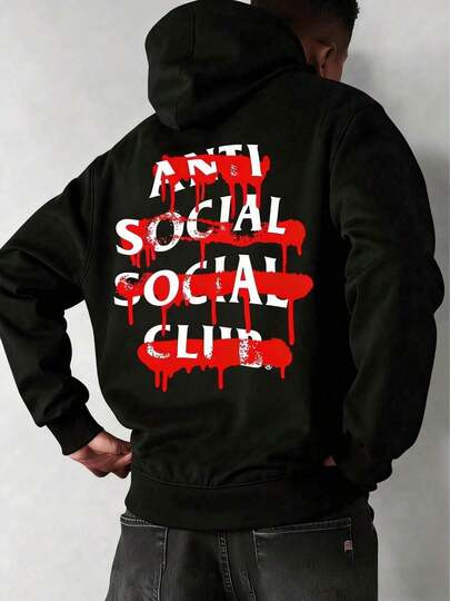 Sudadera Con Capucha De Cuello Redondo Para Hombre Con Estampado De Anti Social Club Sad Boyz Bolsillo Canguro Y Cordón, Manga Larga, Suelta Y Casual, Ideal Para Regalar Como Ropa De Hombre Frente y Espalda