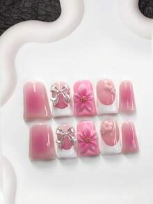10片甜美少女风美甲贴纸，凝胶美甲套装，半透明粉色渐变腮红美甲装饰，手工渐变五瓣粉色花朵，闪亮白色蝴蝶结，粉白五瓣花美甲配件，优雅简约美甲风格，白色指甲油，精致礼品美甲用品 - 彩色 - 查看 15