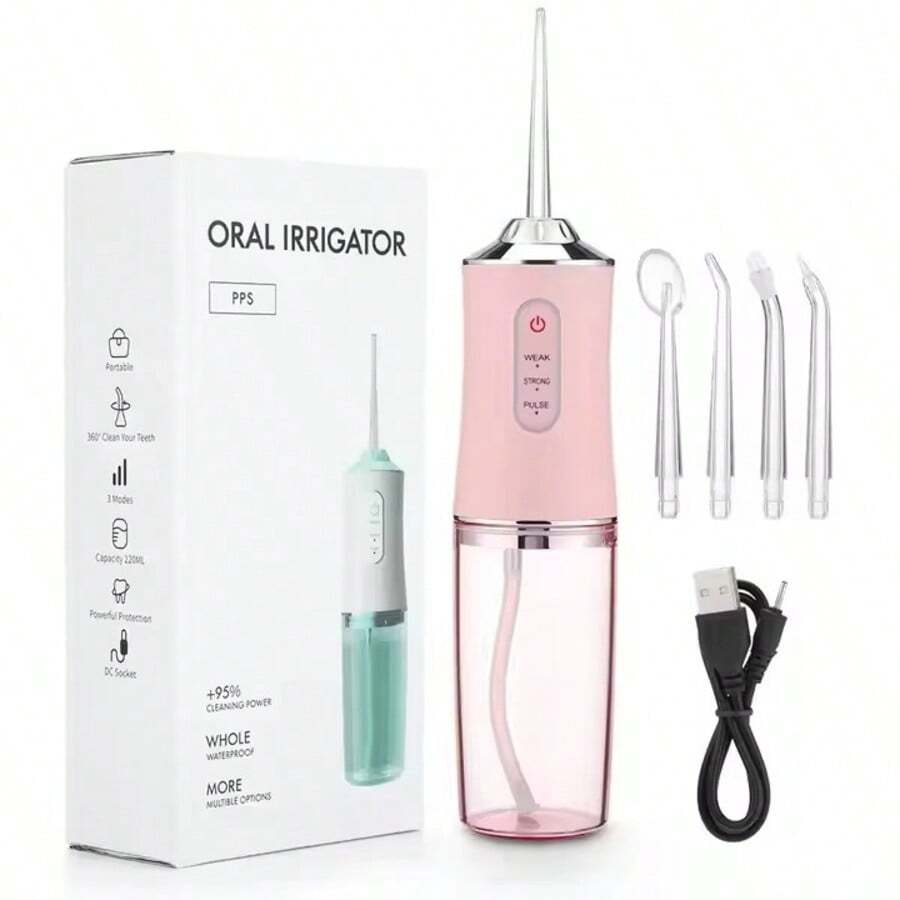 Electric Water Flosser Cordless For Teeth 3 Modes 4 Jet Tips Cleaning And Flossing Water Dental Portable Floss Irrigator Oral Water Flossed Rechargeable Tonsil Stone Travel Adults - 粉色 - 查看 1