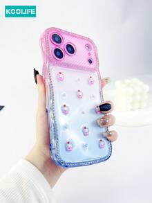 Koolife 1pc Wavy Edge Rhinestone Gradient Phone Case With Epoxy 3D Ice Cream & Pearl, 2.0mm TPU Soft Cover, Raised Lens Protection Shockproof Stylish Design Case, Compatible With IPhone 17/17 Pro/17 Pro Max - Heart-shaped Ice Cream Gradient Blue - View 2