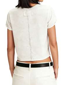 Women Summer V Neck Short Sleeve T-Shirts Casual Solid Crop Going Out Tops For Daily Office Party - 象牙白 - 查看 6