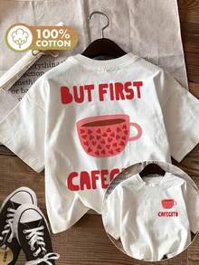 [Double-Sided Print] Summery, Casual Women's Top, Vintage Style, Coffee Cup, Heart, BUT FIRST CAFECITO Print, Round Neck, Short-Sleeved T-Shirt Made Of Pure Cotton [LingK] - 白色 - 查看 7