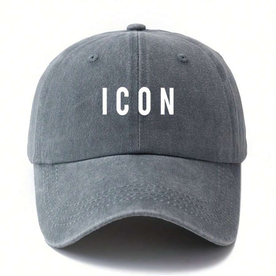 Unisex Fashionable Printed Letter ICON Baseball Cap, Classic Retro Washed Outdoor Lightweight Brimmed Truck Driver Hat For Vacation Travel Camping And Casual, Hiphop Party Daily Commute Duckbill - Grey - View 1