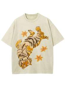 1pc Men' & Women' Y2K Vintage Tiger & Flower Print T-Shirt - Loose Fit Short Sleeve Round Neck Tee Suitable For Summer, Casual Streetwear With Tiger Flower, Machine Washable Loose Fit Top (Unisex)Mens Clothes Shirts - 杏色 - 查看 1