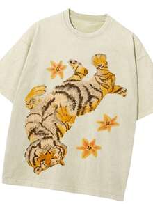 1pc Men' & Women' Y2K Vintage Tiger & Flower Print T-Shirt - Loose Fit Short Sleeve Round Neck Tee Suitable For Summer, Casual Streetwear With Tiger Flower, Machine Washable Loose Fit Top (Unisex)Mens Clothes Shirts - 杏色 - 查看 2