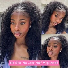 Afro Kinky Curly Half Wig Human Hair 200% Density Wear And Go Glueless Wigs Human Hair 16 Inch Curly 3 In 1 Half Wigs For Women Drawstring Seamless Flip Headband Wig Beginner Friendly Valentine's Day Gifts - Natural Black - View 4