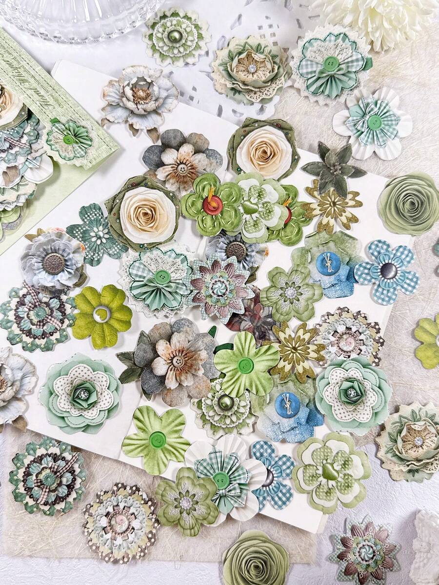50pcs/Pack Vintage Fabric Flower Stickers, Hard Card Stickers For Scrapbooking, DIY Crafts, Photo Album, Diary Decoration - Multicolor - View 1