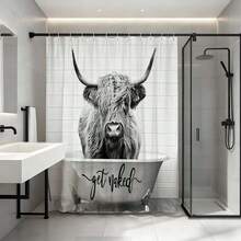 Funny & Cute Highland Cow Pattern Shower Curtain, Creative & Personalized Bathroom Curtain, Waterproof & Mildew-Proof Thick Polyester Material, Wet & Dry Separation Bathroom Divider Curtain, Viral Shower Curtain - Gray - View 4