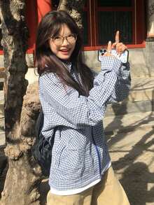 Y6Y 2026新款女装春夏流行韩版独特可爱休闲蓝色格子衬衫外套 - 藍色 - 查看 3