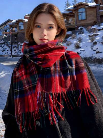 1 pièce Écharpe à carreaux rouges vintage de Noël unisexe avec franges, accessoire chaud pour l'automne/l'hiver, carreaux classiques avec des franges vivants, à la mode et polyvalente, article pour le transfrontalier ! Cache-cou en faux cachemire, accessoire haut de gamme à la mode, châle à carreaux classique convenant aux sorties, aux voyages, aux cadeaux, aux achats groupés, aux déplacements, à l'utilisation extérieure pour s'habiller