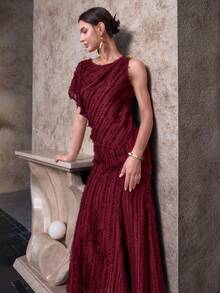 Sollinarry 女士新款时尚两件套连衣裙，酒红色，包含吊带上衣和条纹中长裙，适合约会和派对穿着 - 酒紅色 - 查看 5