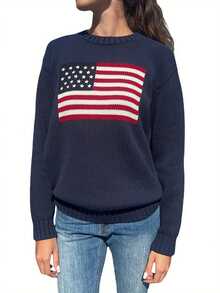 Women's Long Sweaters Flag Patterned Long Sleeve Round Neck Ribbed Loose Knitted Tops - Navy Blue - View 7