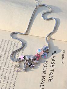 1件装恶魔之眼吊坠项链、星座名字项链、粉色星星冰淇淋可爱风格项链、自由女神像旅行纪念项链、天秤座项链、爱心无限项链