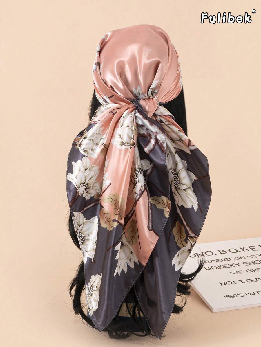 1条90厘米印花真丝围巾/头巾，女士时尚配饰，可作围巾、发带、发圈、头巾、阿巴雅长袍等，适合海滩、度假和日常生活，为您的造型增添亮点。 - 粉色 - 查看 1