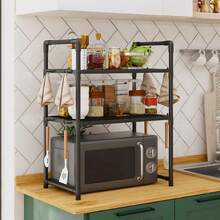 1pc Kitchen Storage Rack, Multi-Function Microwave Oven Rack, Floor-Standing Multilayer Kitchen Countertop Storage Rack, Thickened Kitchen With Handrail Hooks Spice Organizer Shelf - Multicolor - View 4
