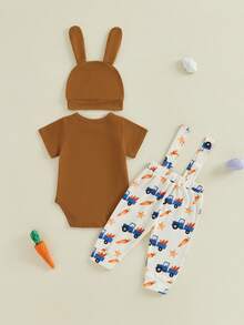 Conjunto de 3 piezas de Pascua para bebé niño, adorable mono de cuello redondo de manga corta con estampado de letras y camión, y gorro. - marrón - Ver 5