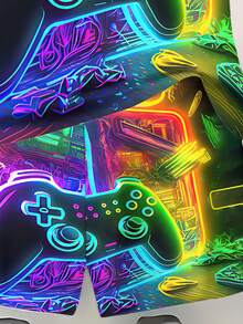 2pcs/Set Boys' Neon Game Controller Print T-Shirt And Shorts Set, Young Boy Breathable Casual Cyberpunk Game Controller Summer Outfit - Black - View 4