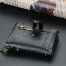 Baellerry 男士商务休闲拉链钱包，黑色皮革纹理对折钱包，大容量卡槽，带透明证件夹，男士现金钱包，迷你钱包，男士钱包，真皮小钱包，钱包钥匙扣，旅行必备证件夹，挂绳证件卡夹