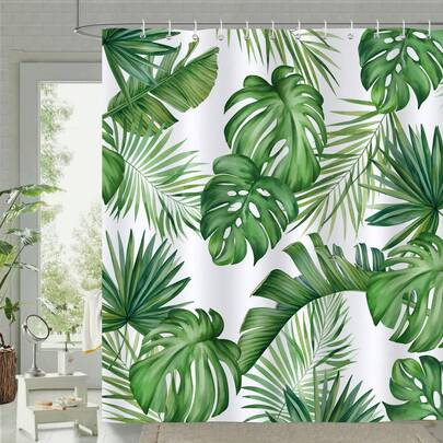 1pc Fresh Plant Big Leaf Shower Curtain, Tropical Leaf Print Shower Curtain, Suitable For Bathroom Decor, General Room Decor, Home Decor Set, Bathroom Accessories Bathtub Curtain