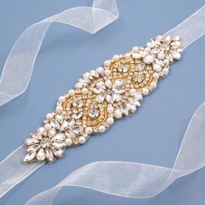 1pc Handmade Gold Crystal Bridal Sash/Belt, Suitable For Wedding Gown, Party Dress